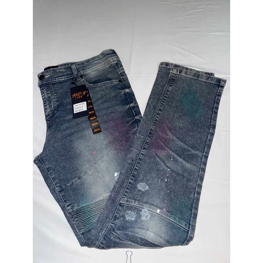 NWT Ministry of Fashion Skinny Moto Paint Splatter Jeans 38x34 MOF2800